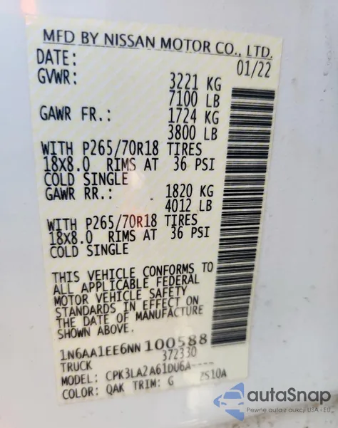 2022 Nissan Titan S из США, поврежденный, VIN 1N6AA1EE6NN100588